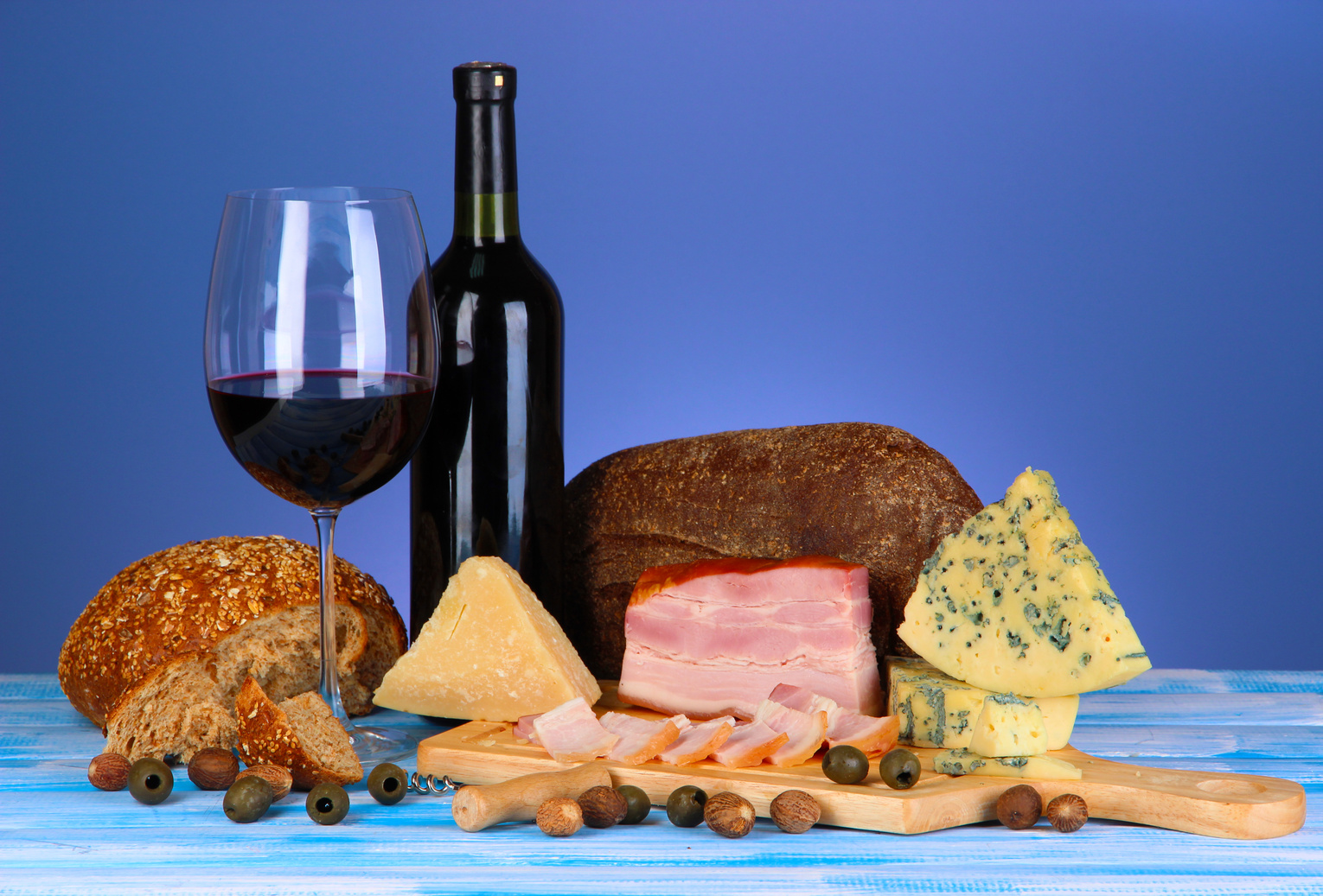 Exquisite Still Life of Wine, Cheese and Meat Products